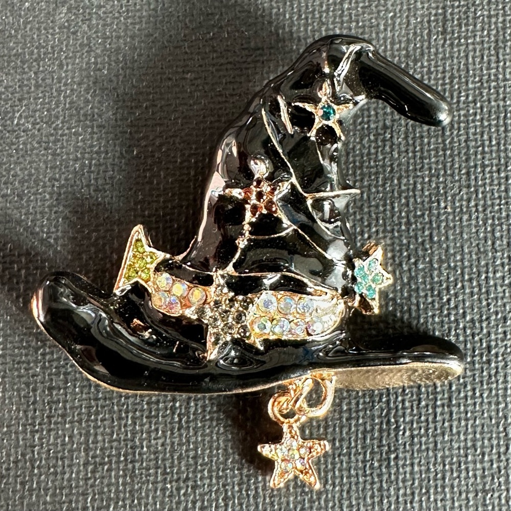 Black Enamel Wizard Stars Rhinestone Hat Brooch